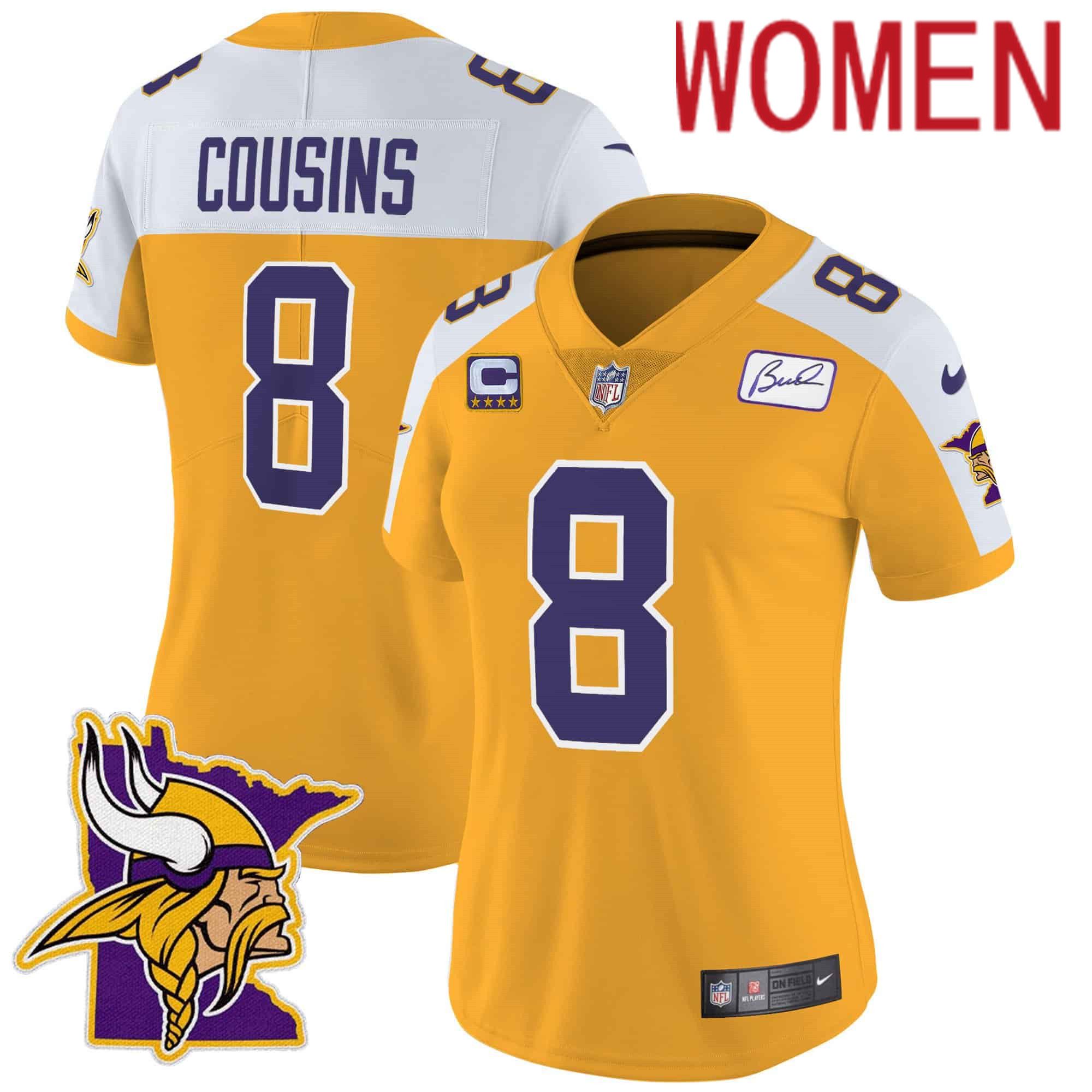 Women Minnesota Vikings #8 Cousins Yellow 2024 Nike Patch Classic Limited NFL Jersey